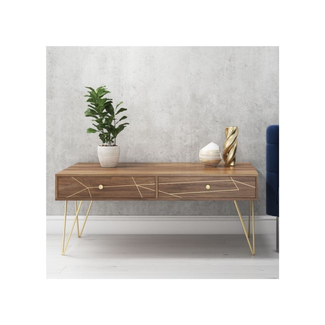 GRADE A1 - Solid Wood Coffee Table with Brass Inlay & 2 Drawers- Tahlia Range