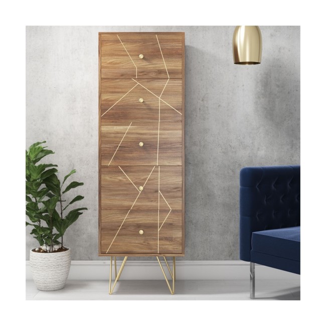 Solid Wood Tallboy Storage Cabinet with Brass Inlay & 5 Drawers- Tahlia Range