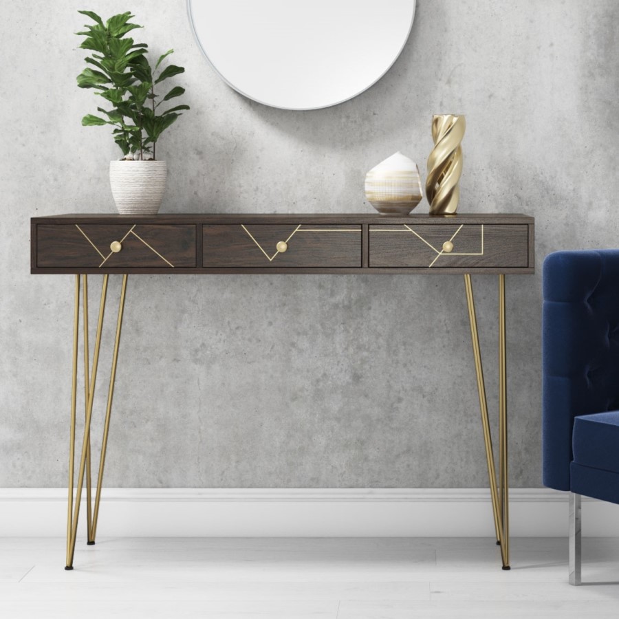 GRADE A1 - Console Table in Dark Wood & Gold - Tahlia