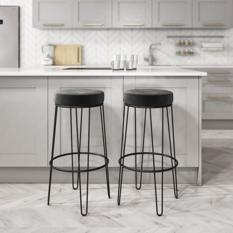 GRADE A2 - Pair of Dark Grey Velvet Bar Stools with Black Metal Legs - Tara