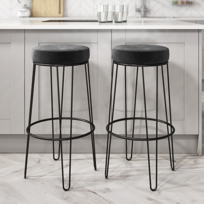 GRADE A2 - Pair of Dark Grey Velvet Bar Stools with Black Metal Legs - Tara