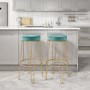 Pair of Gold and Teal Velvet Bar Stools with Padding - Tara