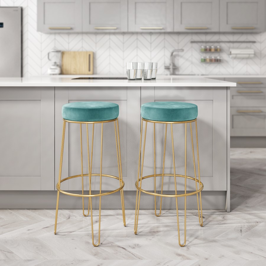 Pair of Gold and Teal Velvet Bar Stools with Padding - Tara
