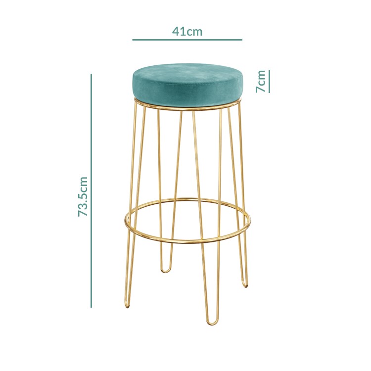 Pair of Gold and Teal Velvet Bar Stools with Padding - Tara