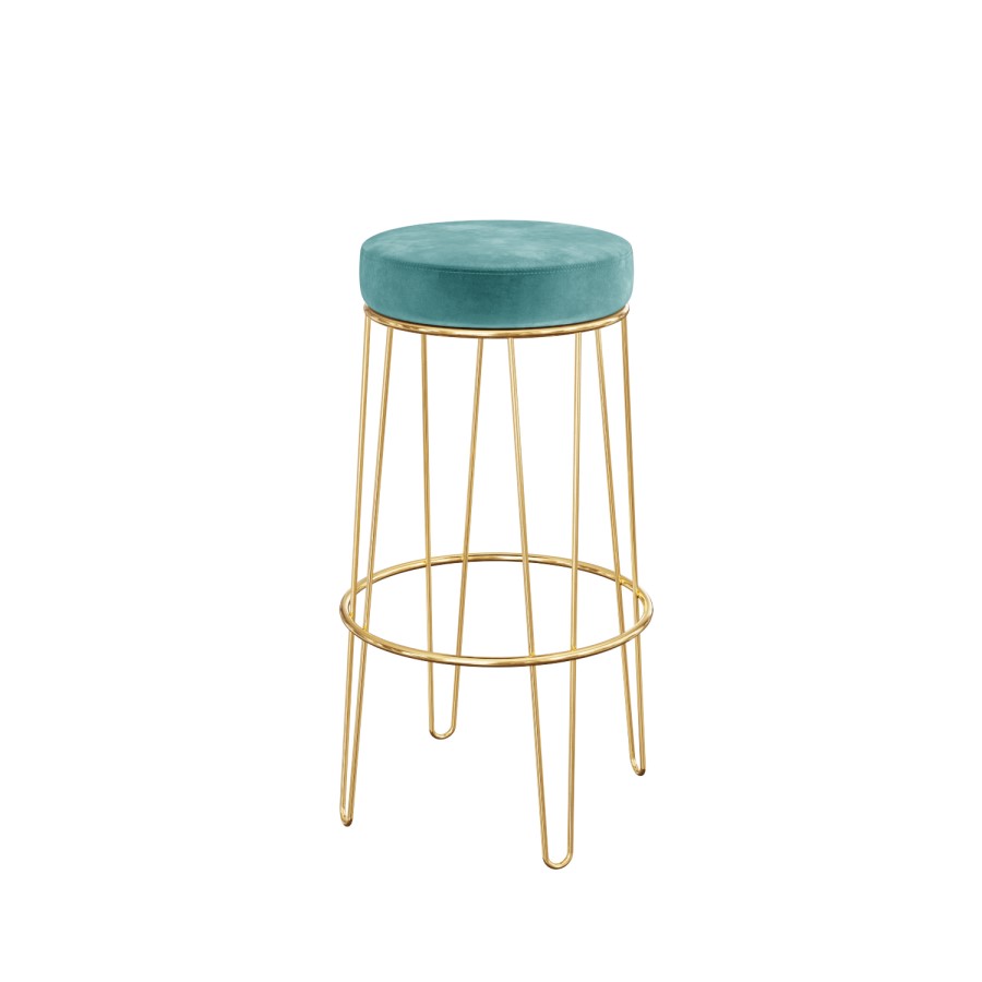 Pair of Gold and Teal Velvet Bar Stools with Padding - Tara