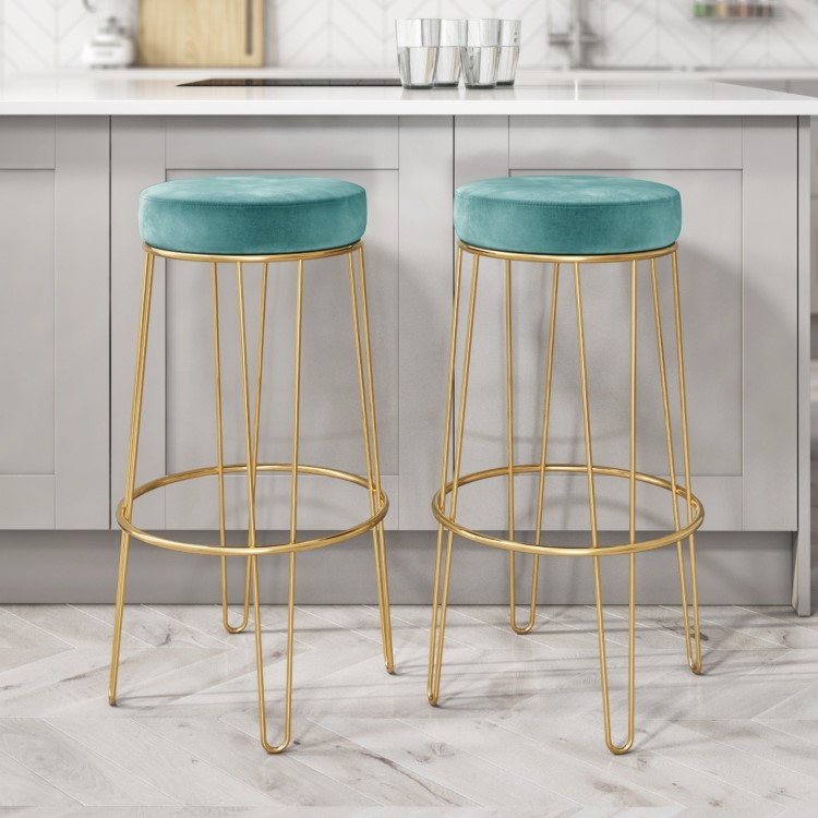 Pair of Gold and Teal Velvet Bar Stools with Padding - Tara