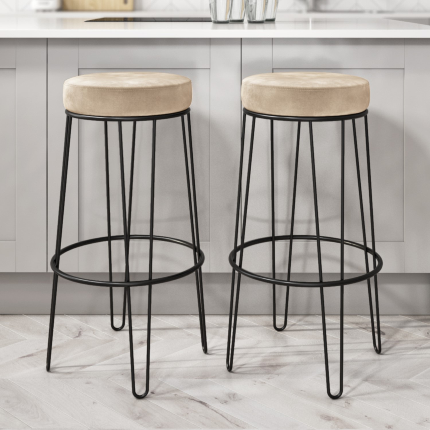 Set Of 2 Cream Velvet Hairpin Bar Stools 73cm Tara Furniture123 Set Of 2 Cream Velvet Hairpin Bar Stools 73cm Tara Furniture123
