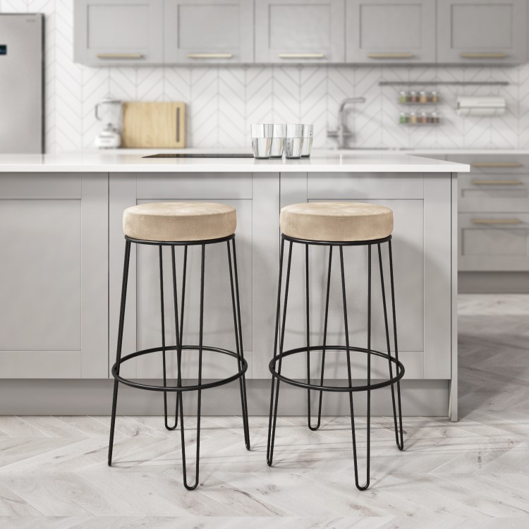 Set of 2 Cream Velvet Bar Stools - 73cm - Tara