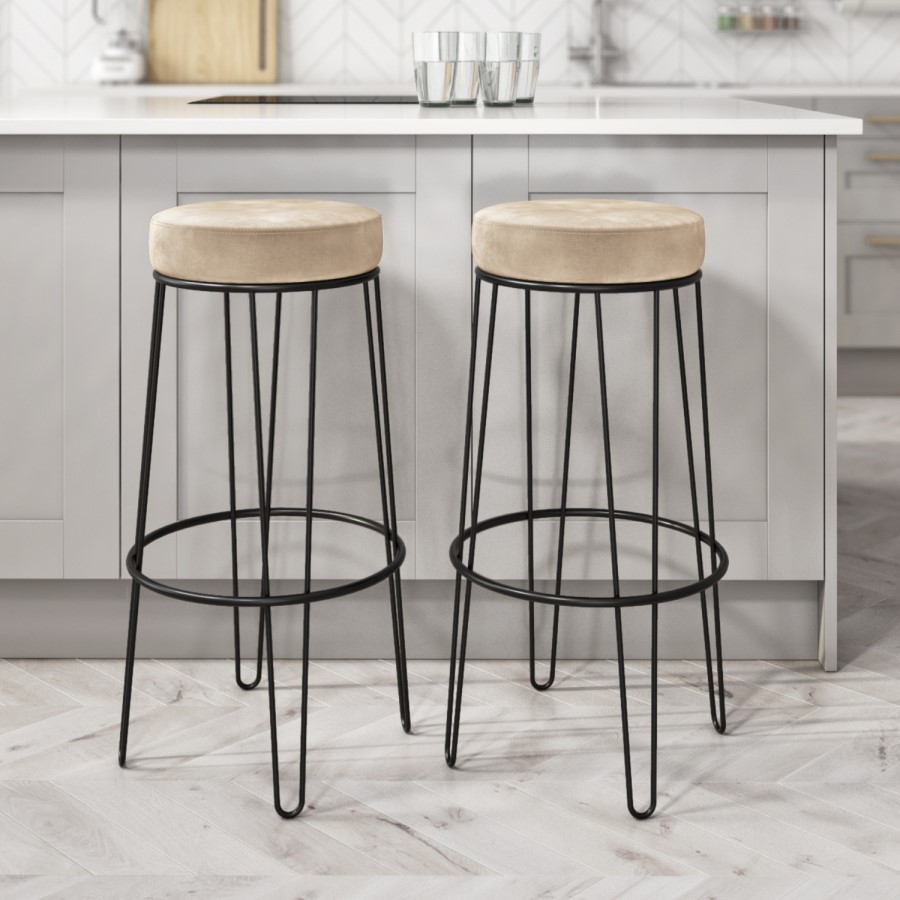 GRADE A1 - Pair of Cream Bar Stools with Velvet Padding - Tara