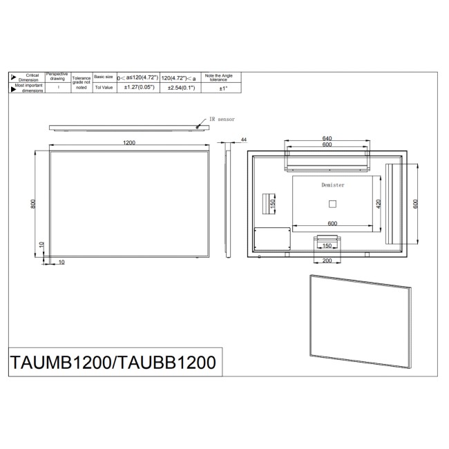 Rectangular Brass Backlit Heated Bathroom Mirror with Lights 1200 x 800mm - Taurus