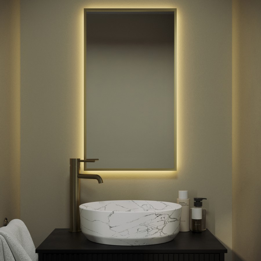Rectangular Brass Backlit Heated Bathroom Mirror with Lights 700 x 400mm - Taurus