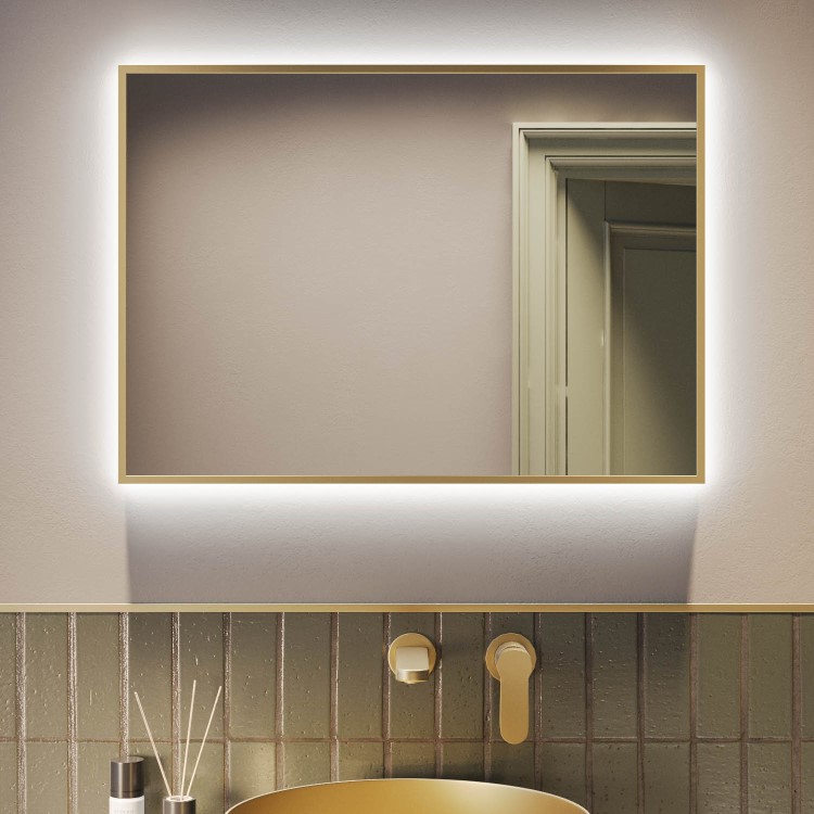 Rectangular Brass Backlit Heated Bathroom Mirror with Lights 500 x 700mm - Taurus