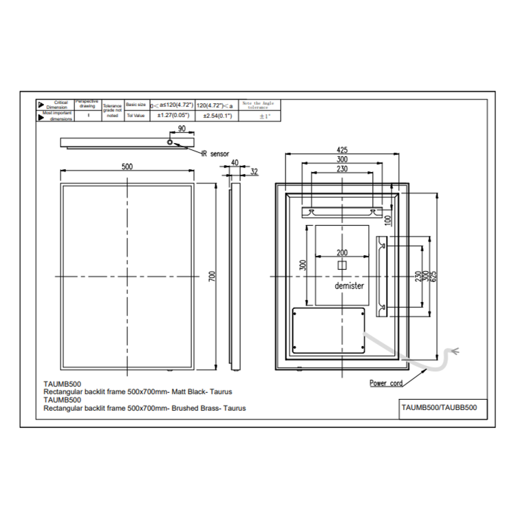 Rectangular Brass Backlit Heated Bathroom Mirror with Lights 500 x 700mm - Taurus