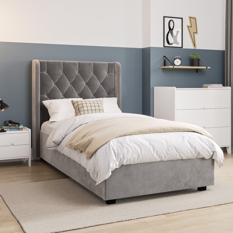 Grey Velvet Single Side-Lift Ottoman Bed - Taylor