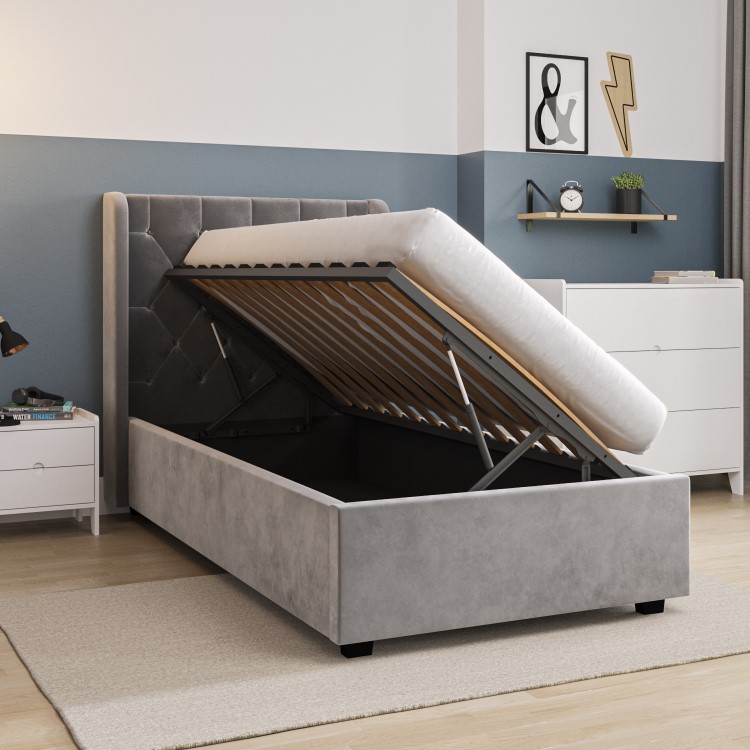 Grey Velvet Single Side-Lift Ottoman Bed - Taylor