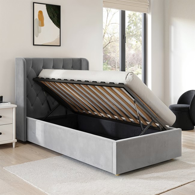 Grey Velvet Single Side-Lift Ottoman Bed - Taylor