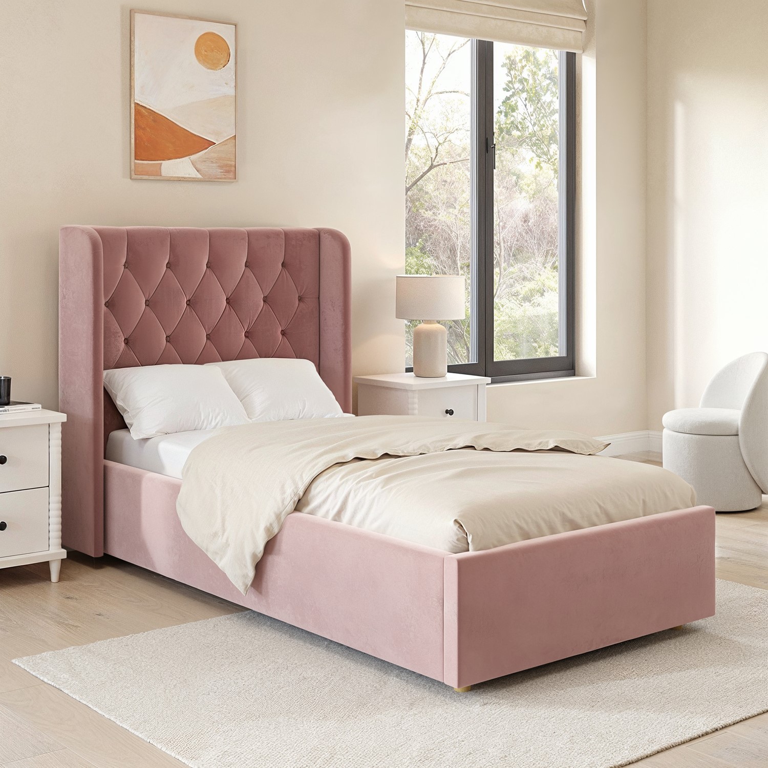 Pink Velvet Single Side-Lift Chesterfield Ottoman Bed - Taylor ...