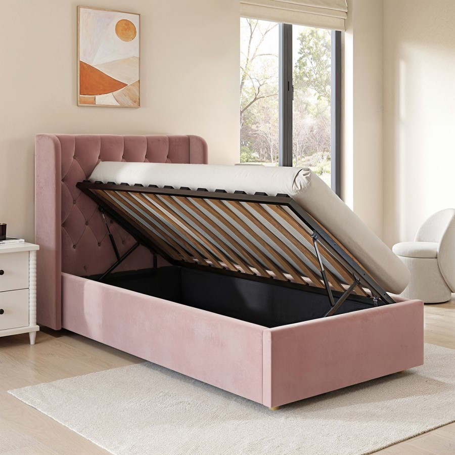 Pink Velvet Single Side-Lift Chesterfield Ottoman Bed - Taylor