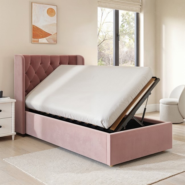 Pink Velvet Single Side-Lift Ottoman Bed - Taylor