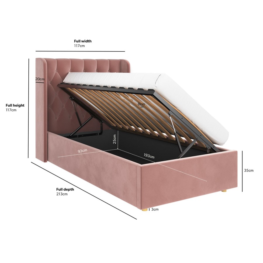 Pink Velvet Single Side-Lift Chesterfield Ottoman Bed - Taylor