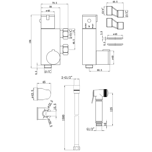 Brushed Brass Thermostatic Douche Shower Spray Kit - Arissa