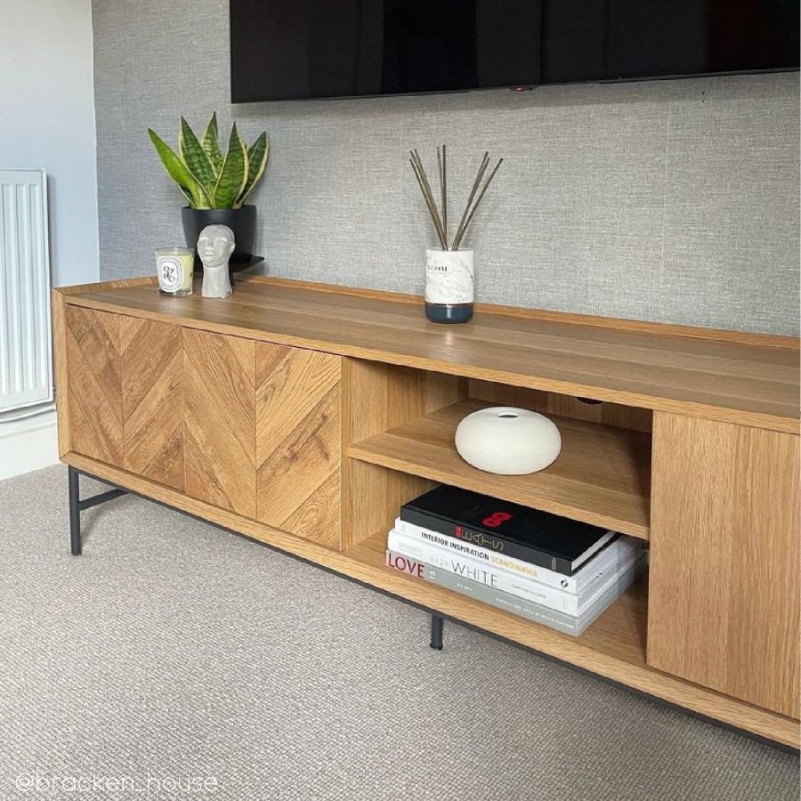 Chevron Solid Wood TV Stand with Storage - TV's up to 70" - Telsa
