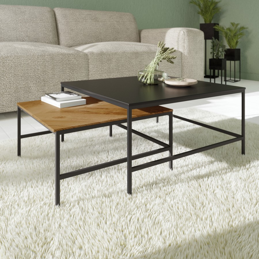 Small Square Oak and Black Nest of 2 Tables - Telsa