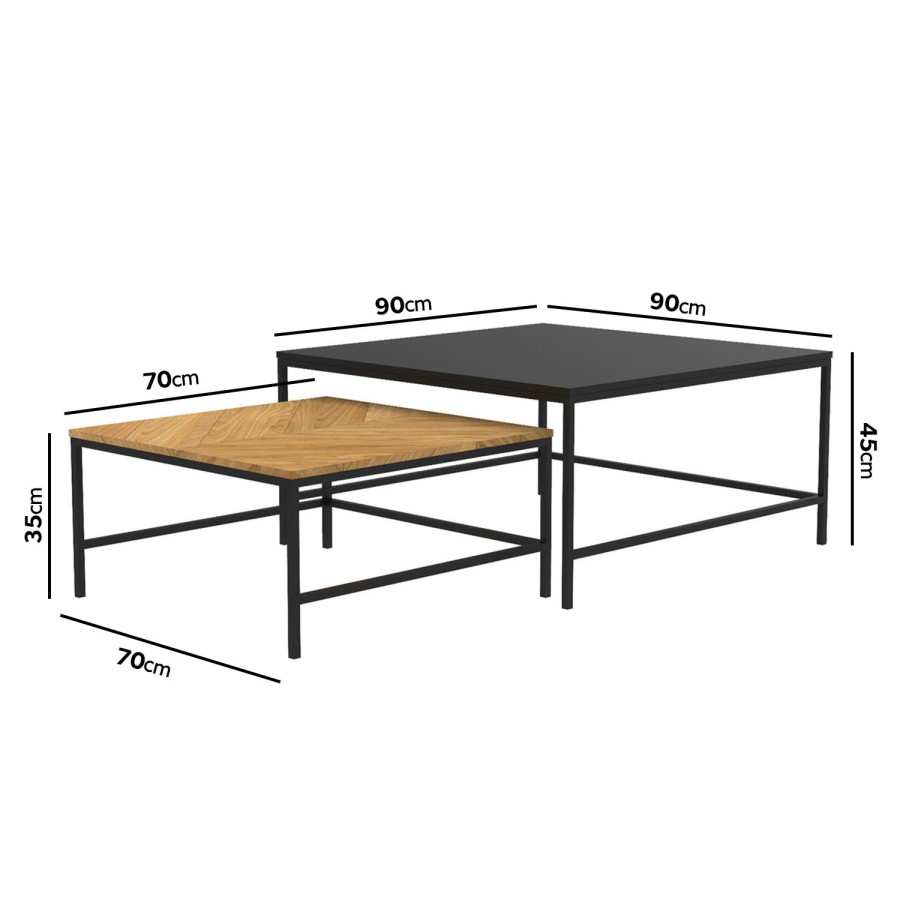 Small Square Oak and Black Nest of 2 Tables - Telsa