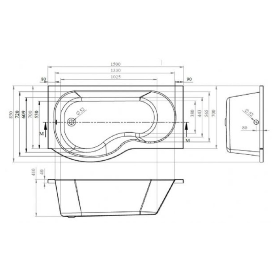 Palham Left Hand P Shape Bath with Side Panel & Shower Screen - 1500 x 700mm