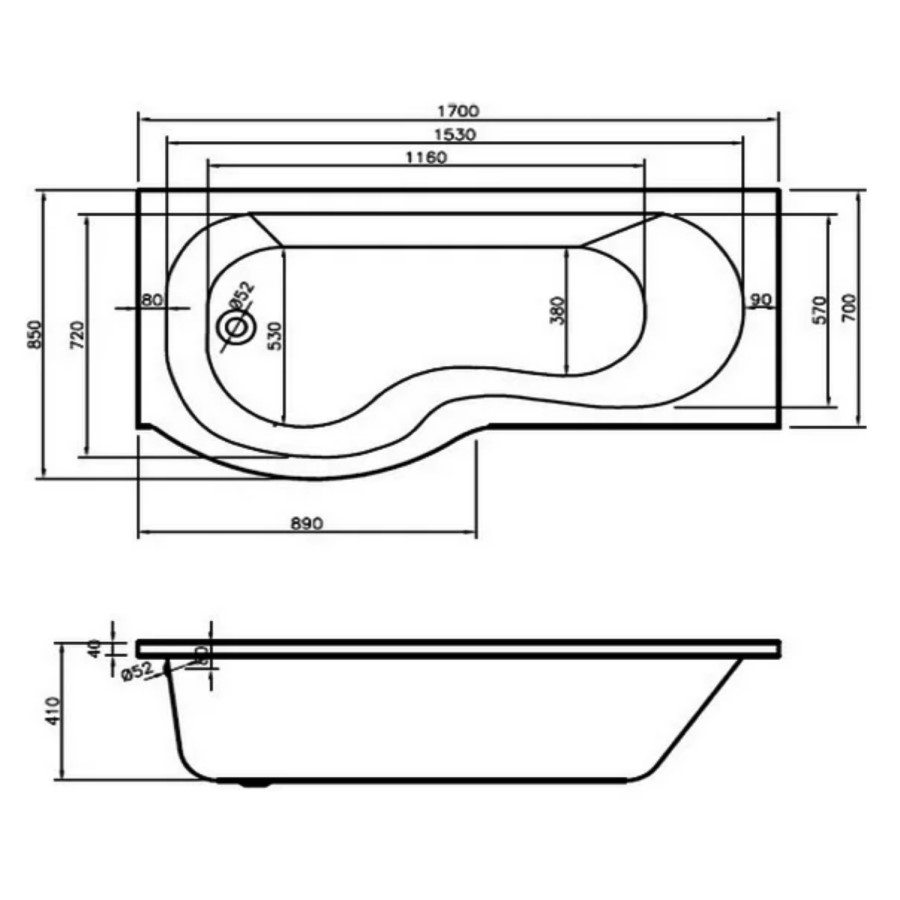 Palham Right Hand P Shape Bath 1500 with Side Panel & Shower Screen 1500 x 700mm