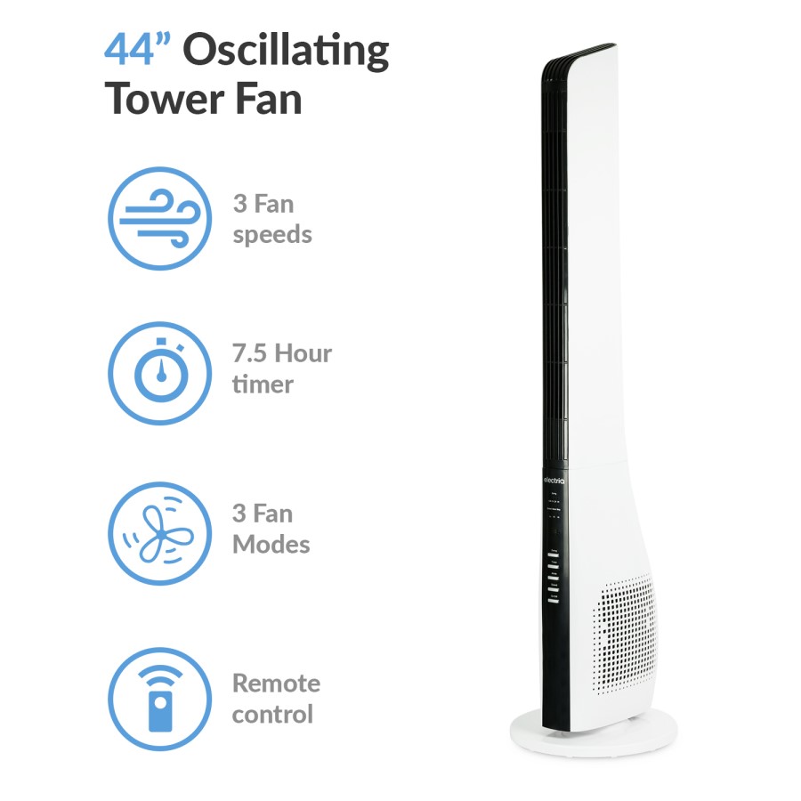 electriQ 44 Inch Tower Fan with Remote Control 3 Speed Settings Timer & Oscillation Functions