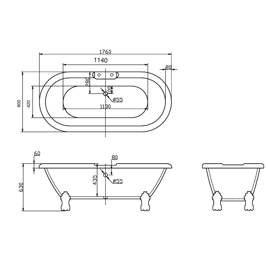 Chancery Traditional Freestanding Bath with Ball & Claw Feet - 1760 x 800 x 630mm