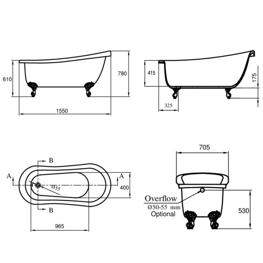 Winstanley Traditional Slipper Style Freestanding Bath with Ball & Claw Feet - 1550 x 720 x 770mm