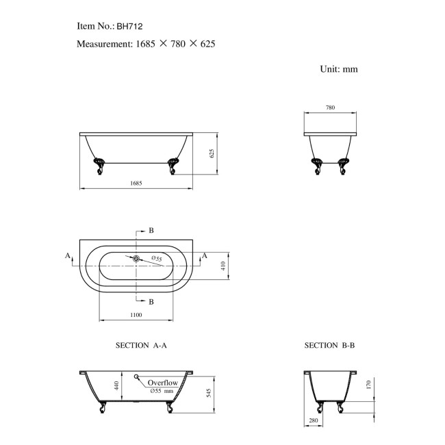 Back To Wall Freestanding Bath with Modern Feet - 1680 x 785 x 620mm