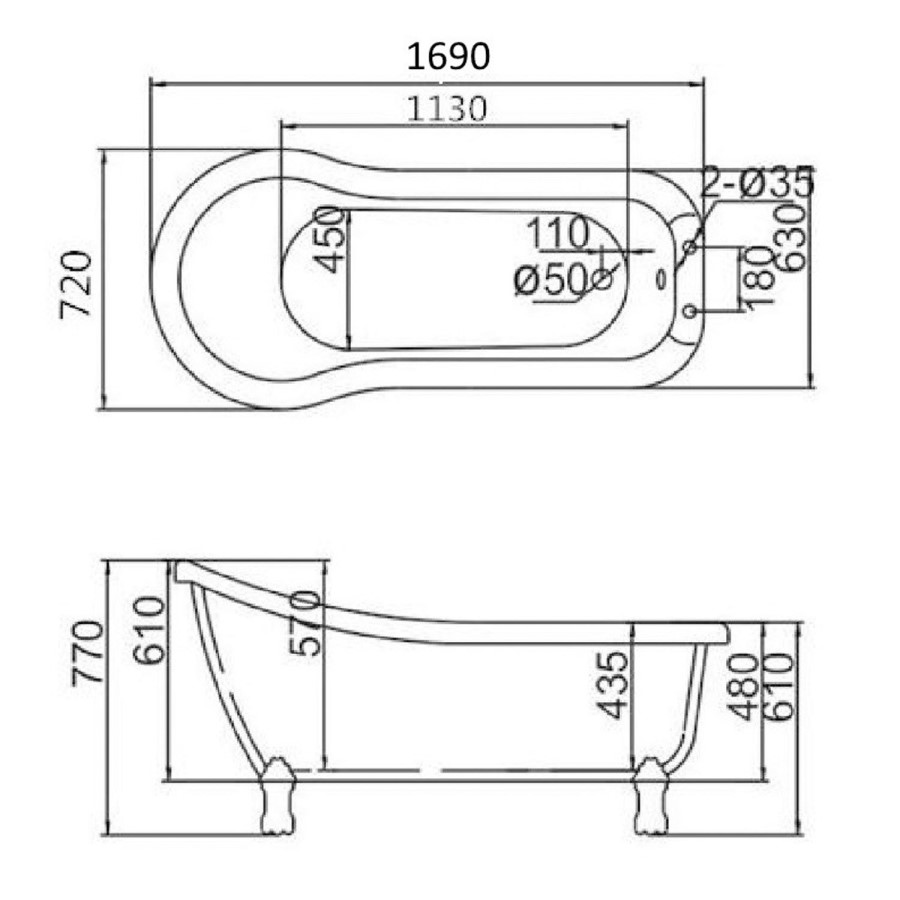 Kingham Traditional Slipper Style Freestanding Bath with Lion Feet - 1700 x 730 x 770mm