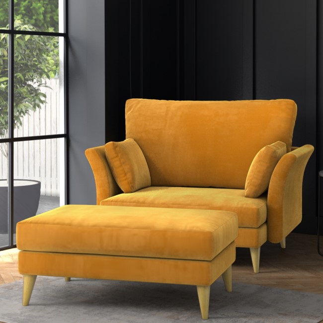 Mustard Velvet Armchair Loveseat and Footstool - Thea