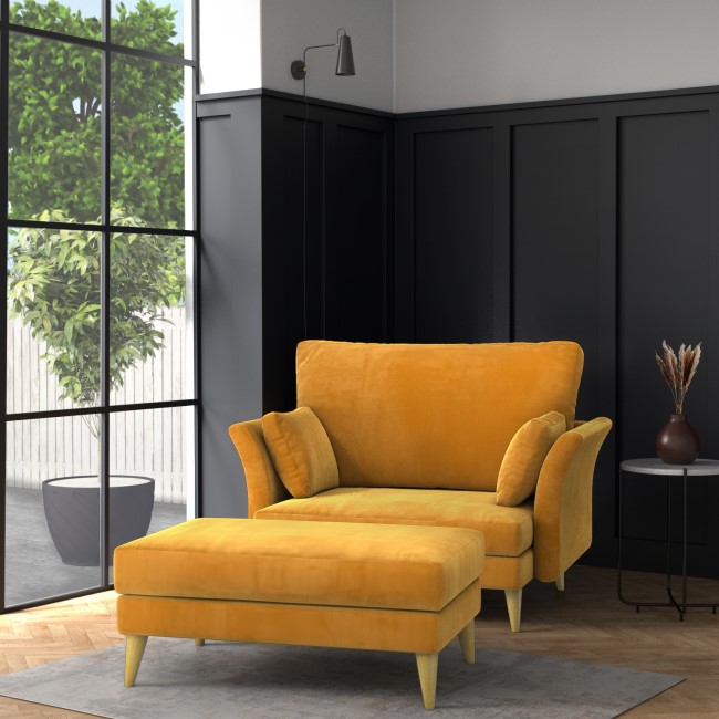 Mustard Velvet Armchair Loveseat and Footstool - Thea