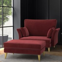 GRADE A1 - Red Velvet Armchair Loveseat and Footstool Set - Thea