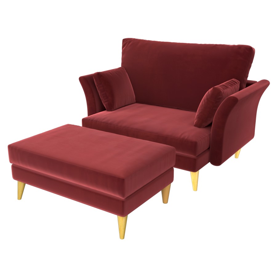 GRADE A1 - Red Velvet Armchair Loveseat and Footstool Set - Thea