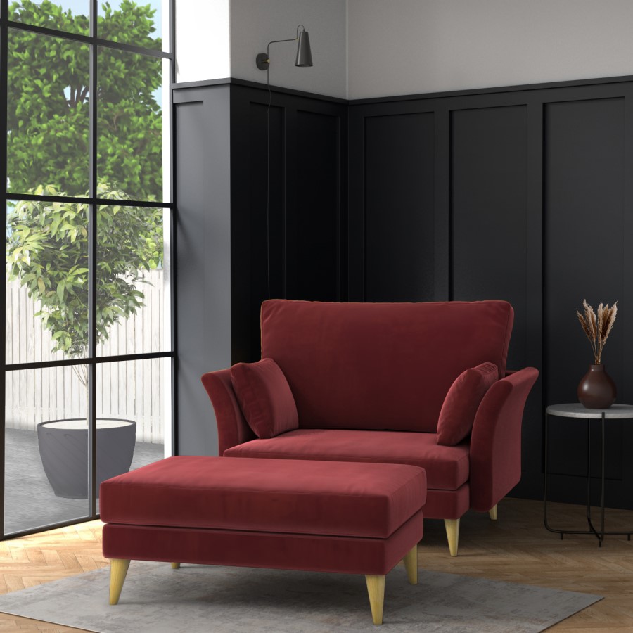 GRADE A1 - Red Velvet Armchair Loveseat and Footstool Set - Thea