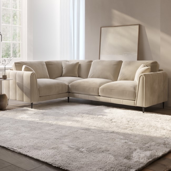 Beige Velvet 3 Seater Left Hand Facing Corner Sofa - Tahlia - Furniture123