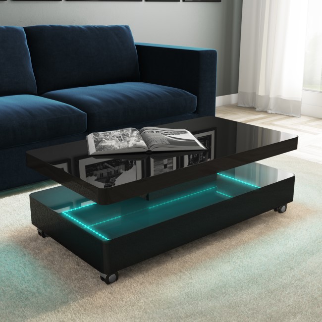 Rectangular Black Gloss LED Coffee Table with Storage - Tiffany
