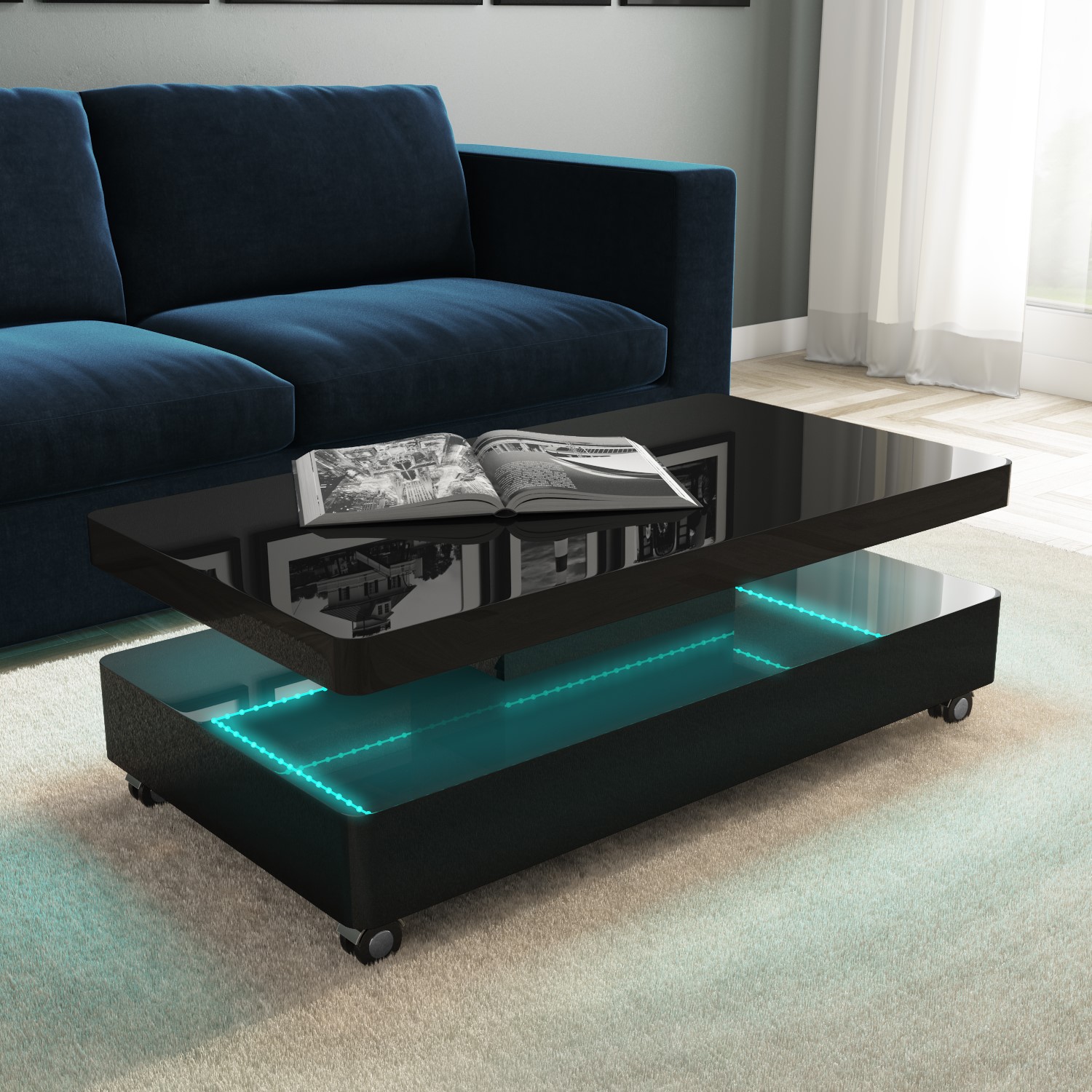 Tiffany Black High Gloss Rectangular Coffee Table with LED Lighting ...