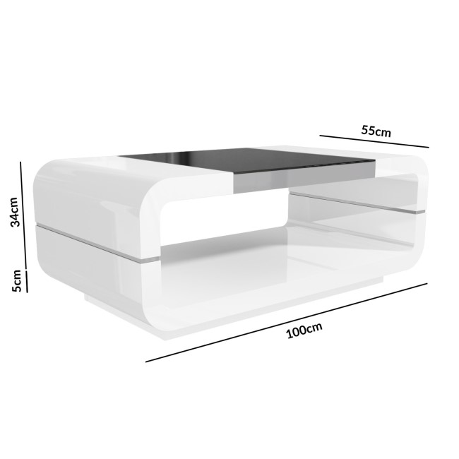 Gloss White Curved Coffee Table with Black Glass Top - Tiffany