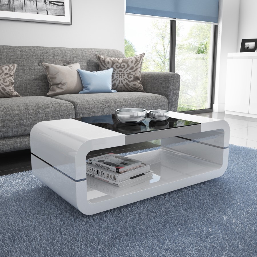 GRADE A2 - High Gloss White Curved Coffee Table with Black Glass Top - Tiffany Range