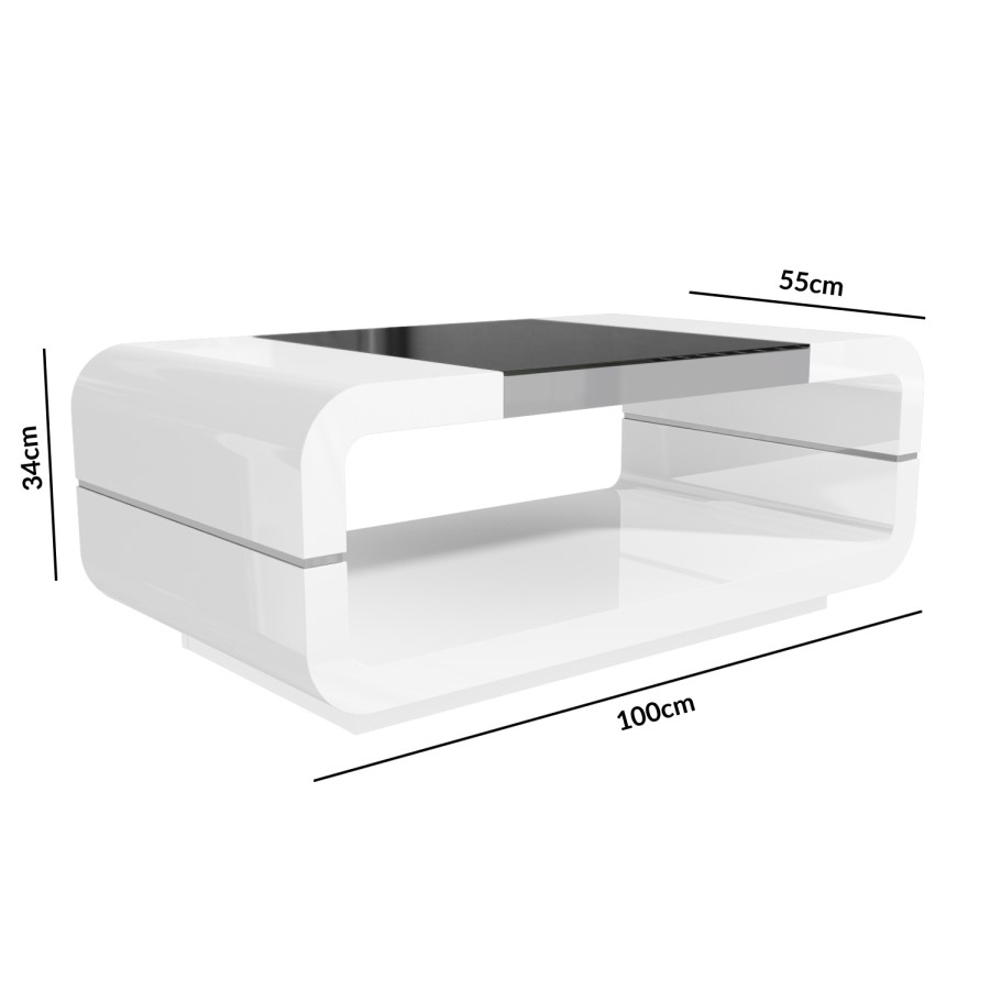 GRADE A2 - High Gloss White Curved Coffee Table with Black Glass Top - Tiffany Range