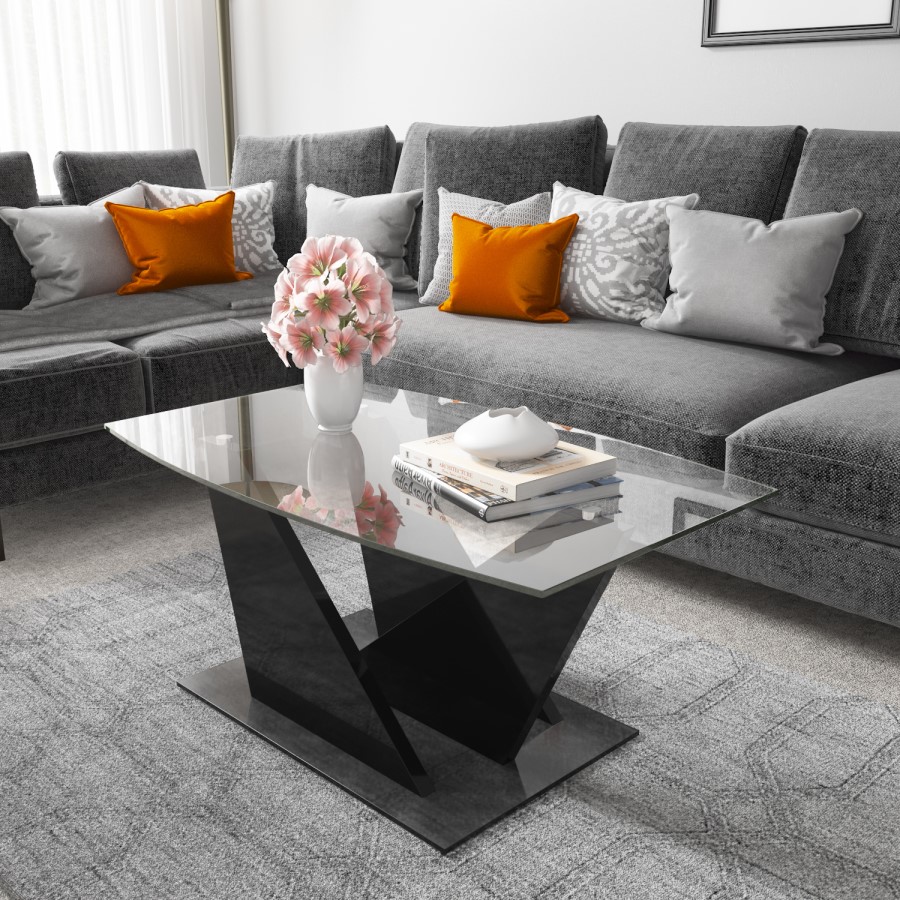 Glass Top Coffee Table with Black Gloss Base - Tiffany