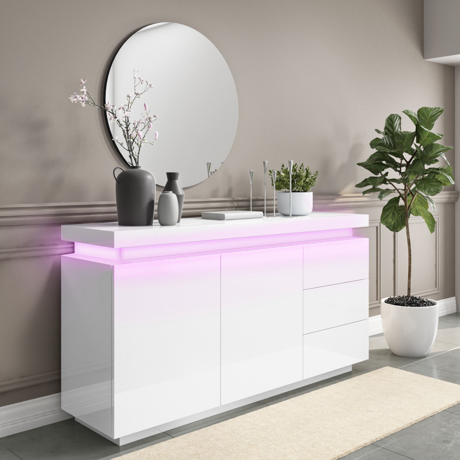 Large White Gloss Sideboard with LEDs - Vivienne - Furniture123