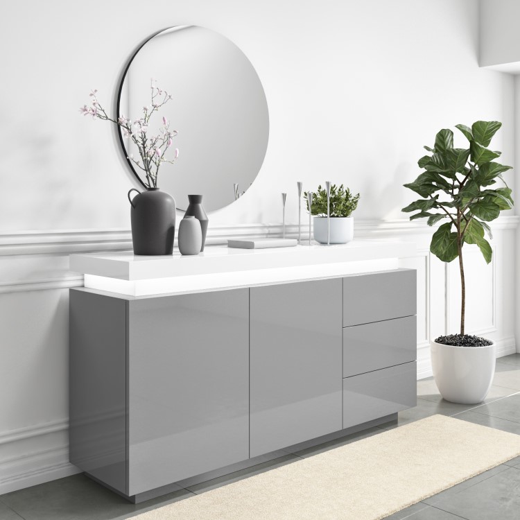 Grey & White Gloss Sideboard with LED Lights - Large - Vivienne