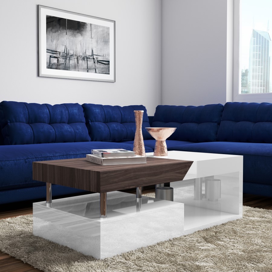 White Gloss & Walnut Coffee Table with Storage - Harlow